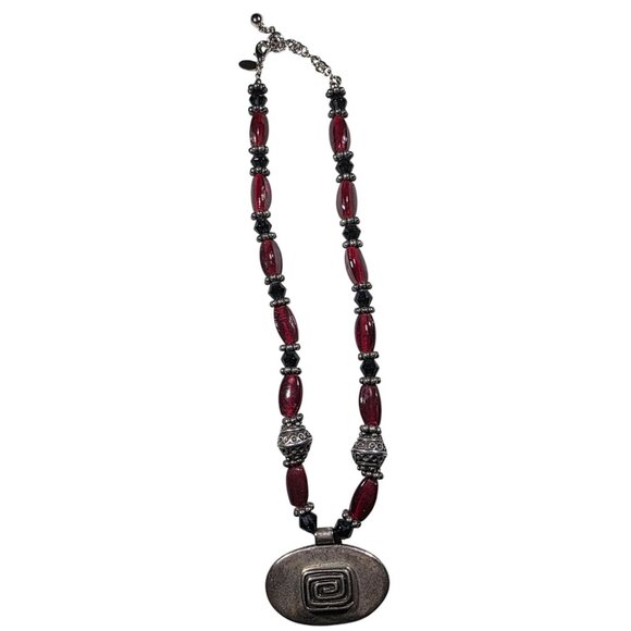 Chicos Red & Black Beaded Necklace With Oval Metal Pendant Swirl design - Picture 1 of 6